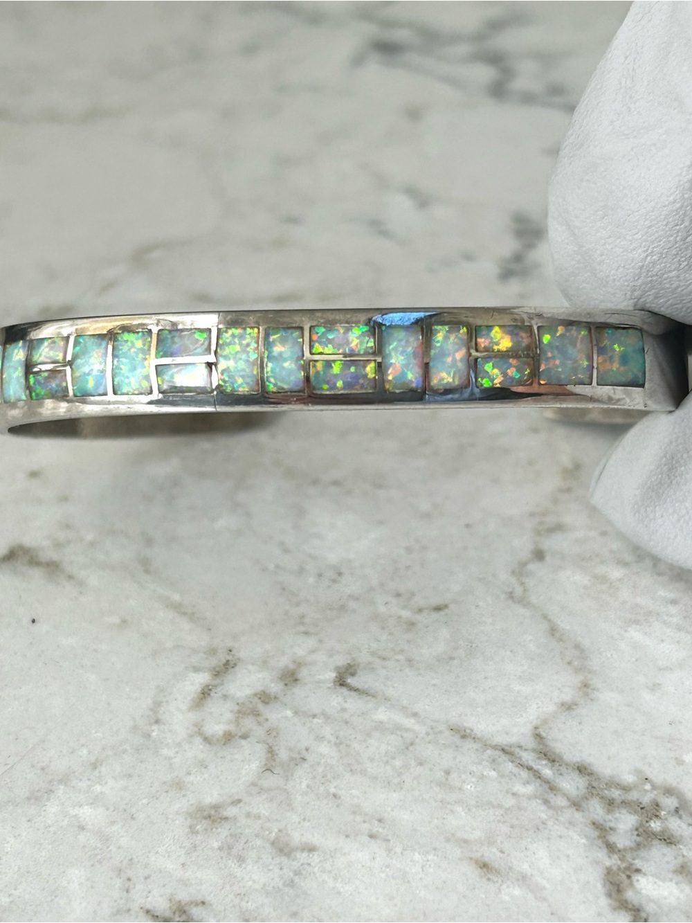 Sterling Silver Opal Inlay Cuff Bracelet - Iridescent Blue-Green